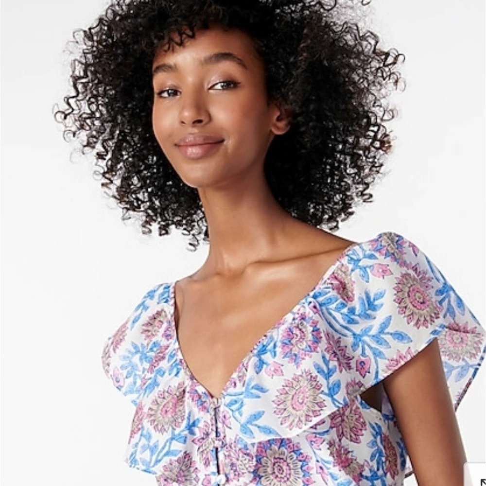 J.CREW Ruffle V-neck In Floral Vine Block Print - Picture 3 of 5